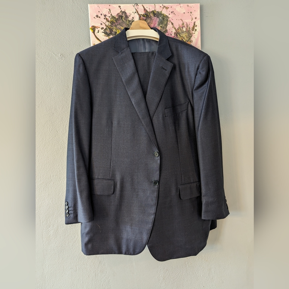 50R(US) Blue Two Piece Suit, Glen Plaid, Italian Super 130s Wool, Canvassed